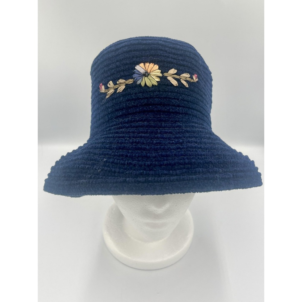 Floral Embroidered Hat Bucket Fitted Womens Medium Blue Cloche Ribbed